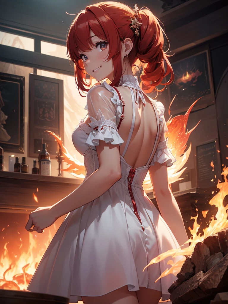 (((best quality, sharp image, clear image, cinematic lighting, 8k resolution, masterpiece, ultra detailed, intricate))) Girl, (((looking over left shoulder))), (shot from behind), ((shot from hip up)), fiery red hair, pigtails, ((white dress)), ((flaming sigils, flaming runes)), spiky rock formations, (flaming lotus flowers frame), (intricate background), ((Phoenix)), (swirling flames), smiling