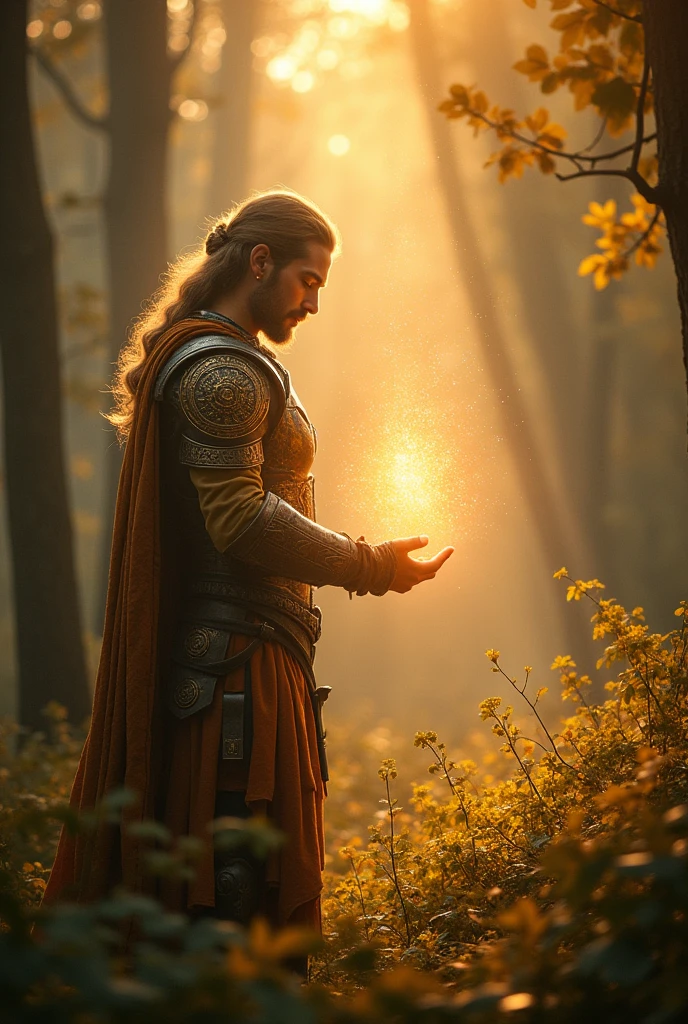 As the hero touches the amulet, the forest begins to glow with the same soft, golden light. The light spreads to nearby trees and bushes, creating a warm, radiant area of approximately 1 meter around the amulet. The mist becomes more luminous, enhancing the magical effect. The lighting should remain diffuse and consistent.
