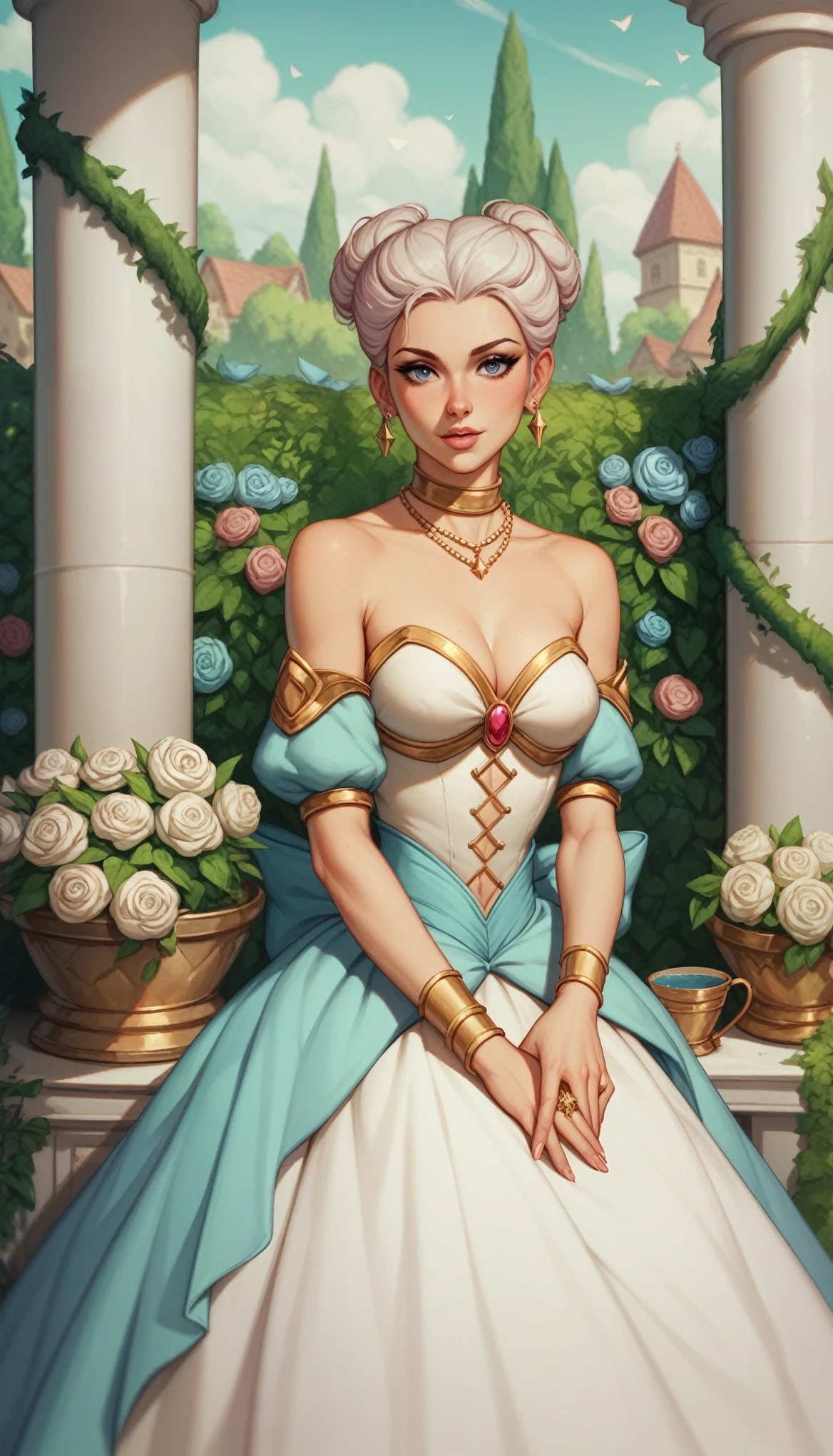 fantasy, Princess Targaryen, in the garden, a girl with white hair, in a lilac dress embroidered with gold threads of rubies and diamonds, with open shoulders, looks like Jessie Mae Lee,, hd