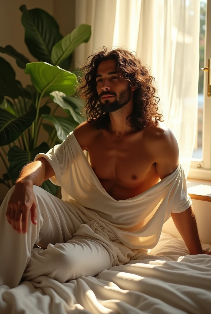 (photorealism:1.2), beautiful man, sitting on bed, wearing loose off-shoulder top, pajama pants, long curly hair, indoors, soft lighting, plants in background, window with sunlight, cozy room, relaxed pose, realistic, intricate details, warm colors, by Greg Rutkowski, by Alphonse Mucha