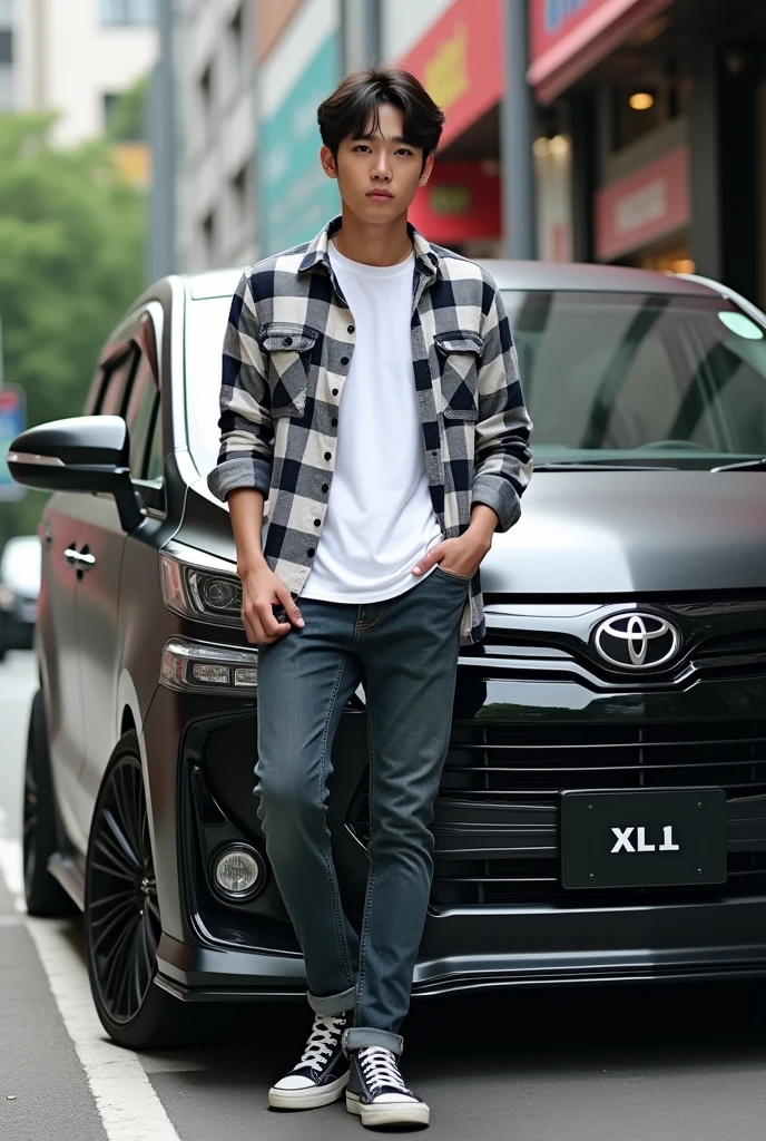 Real photo, side view, modifield black toyota innova reborn 2024 with a young man with an korean face wearing a white black t-shirt,white flannel  shirt, long jeans, sneakers and beanie hat a dont hair, on the street styled like a profesional model, high quality, photo, portait photography
