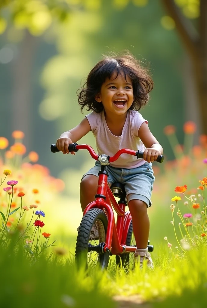 "A child riding a shiny new bike through a sunny meadow, with wind blowing through their hair and a wide smile on their face, surrounded by the vibrant colors of flowers and butterflies."
