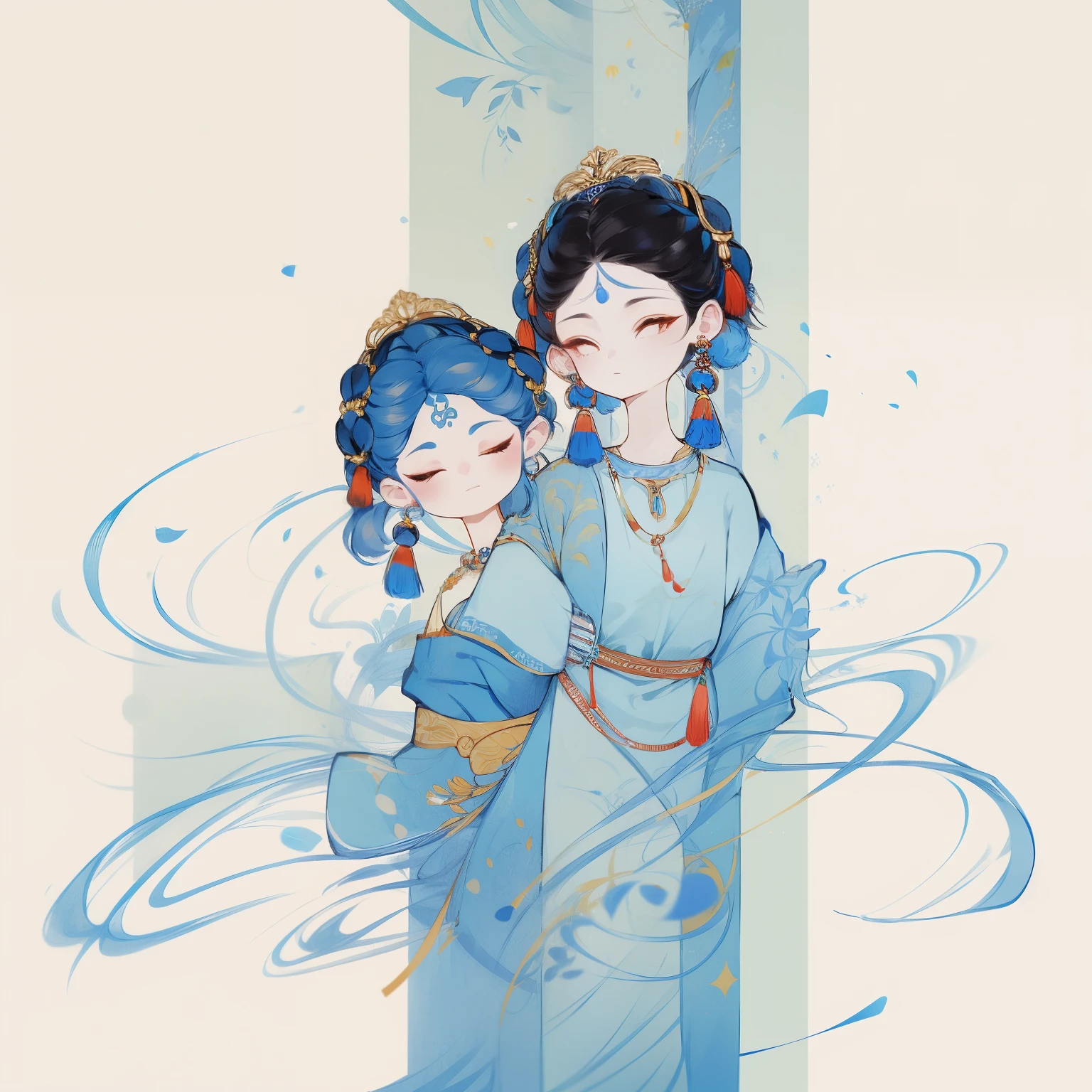 blue,girl),((rich and colorful，(Glowing skin),(A pair of tassel earrings),
