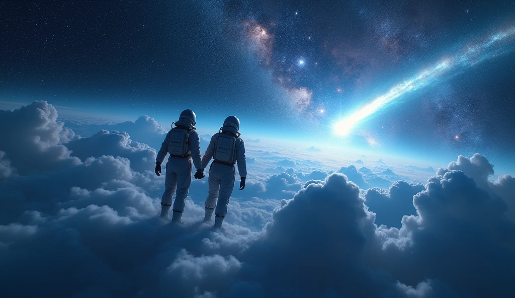 (photorealism:1.2), We are flying through comets The universe is ahead It's just the two of us.