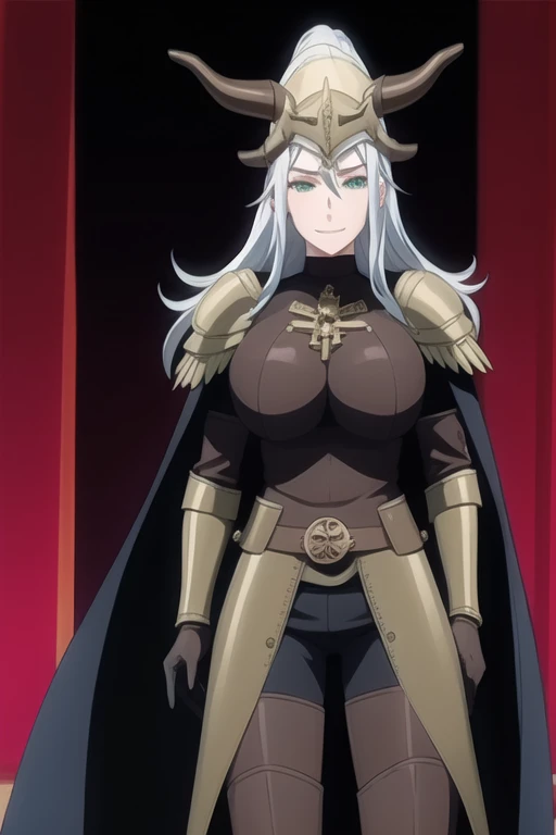 (high quality:1.2), intricate detailed, colorful,
VanessaCromwell, 1girl, mature female, solo, cowboy shot,
looking at viewer, determined,
white hair, long hair, green eyes, smile 
armor, breastplate, shoulder armor, sexy pose, bodysuit, horned helmet, gloves, cape, cloak, cape pose (arms under her cape 1.2)
large breasts, 
Room, standing 
 