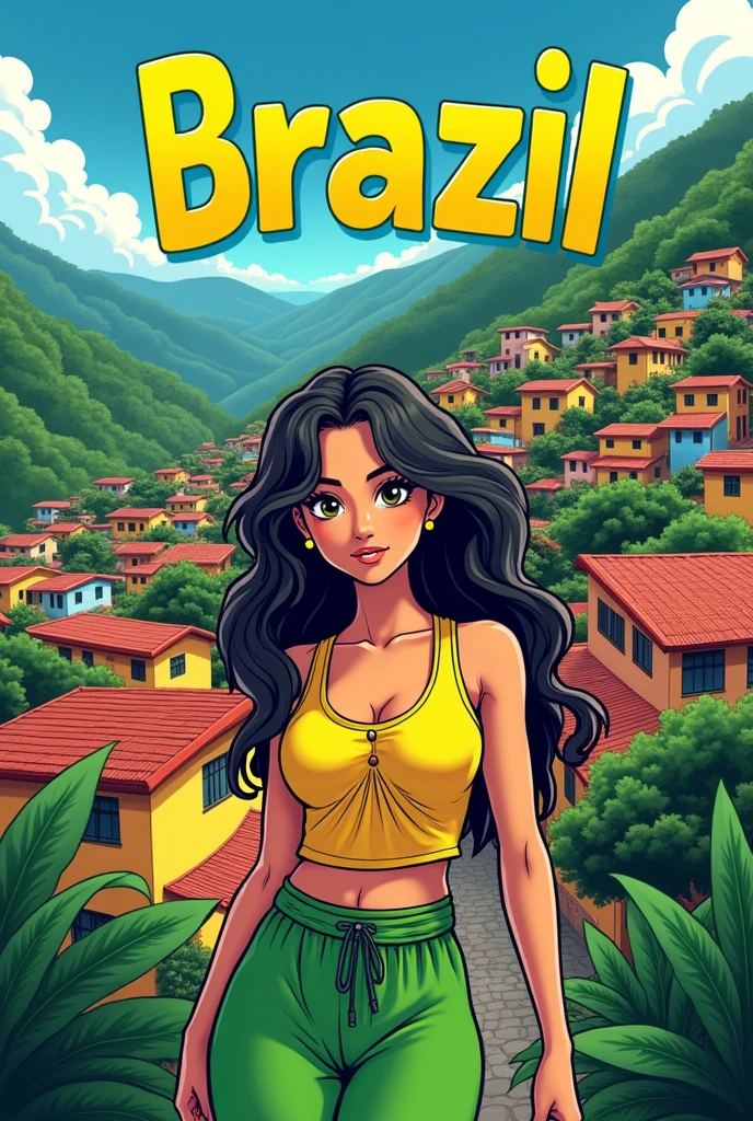 A Brazilian woman wearing Brazil's clothes in a favela, but anime version, and on top of it, put a text written "brazil"