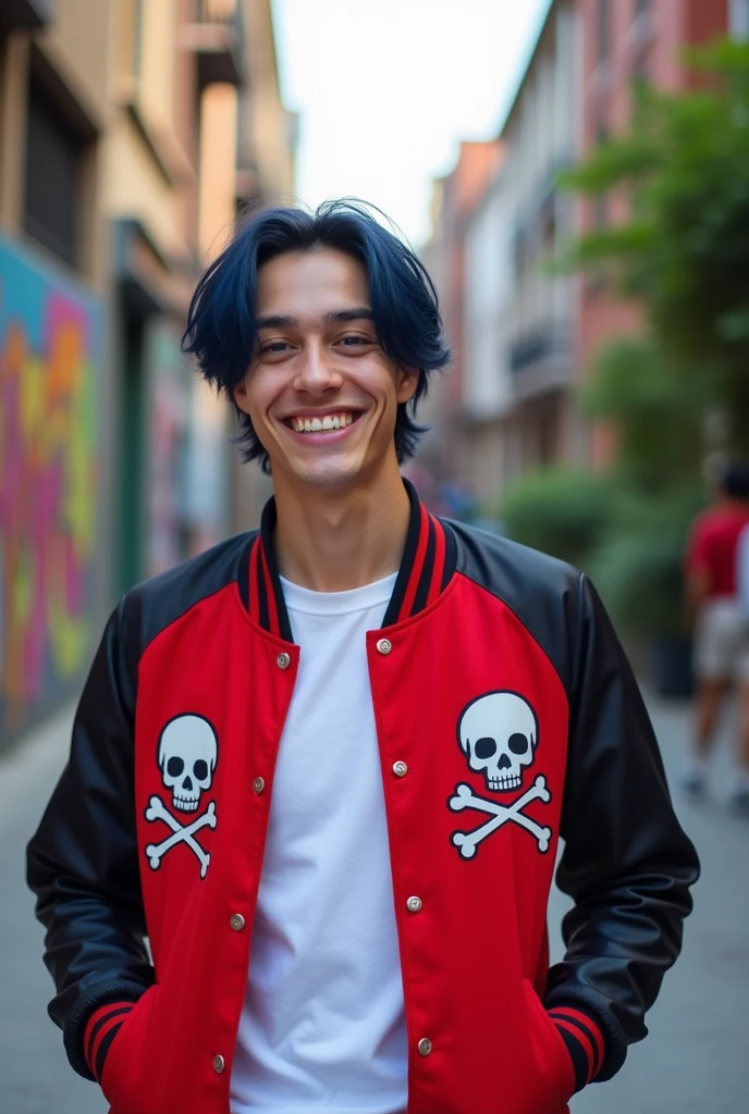 A cheerful boy with a cute, everyday smile, about 24 years old, dark blue hair a little long tied in a low ponytail and blue eyes with a light red and black jacket with skulls with a white shirt with bangs facing the camera