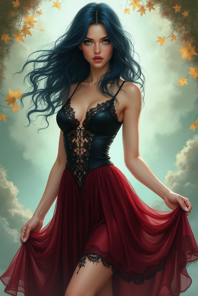 Counterfeit-V3.0 woman with bluish black hair and dark green eyes, top was sleeveless and wide at the bottom, and a maroon skirt that was like a dark red wine with black lace embroidered on the seams along with a small embroidery that was printed on the, all the way to the inside of the thighs