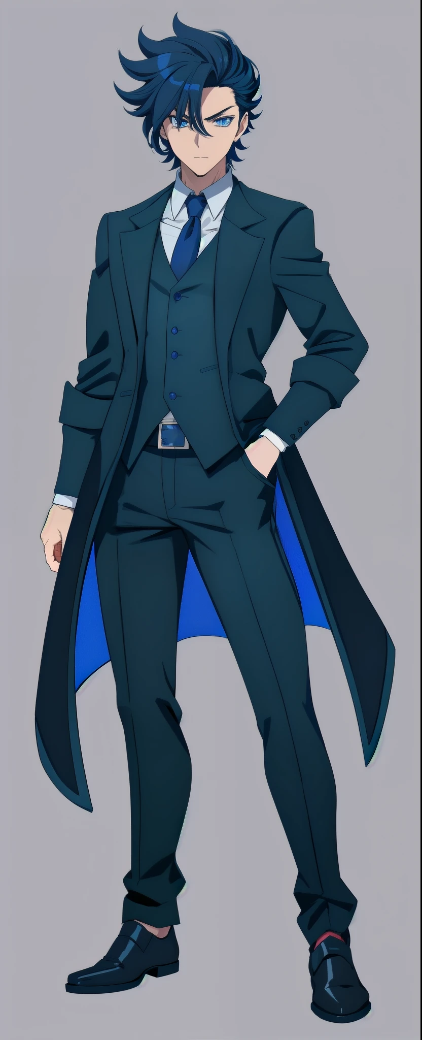 anime boy, dark blue hair, blue eyes, black suit, black coat, blue tie, simple grey background, (beautiful and aesthetic:1. 5), thick black lineart, clean lineart, perfect lineart, sharp lineart, best quality, high quality, best quality, ultra-detailed, HD, beautiful lighting, 