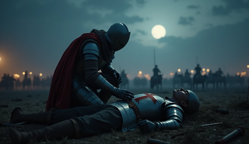 A highly realistic, high-contrast, 8K HD, detailed, hyper-detailed scene where the knight from the provided image, wearing steel armor with a red cross on his tunic, is kneeling beside a fallen comrade on the battlefield at night. The atmosphere is somber and heavy with the weight of loss, as the knight shows respect and sorrow for his fallen companion. The battlefield around them is dimly lit by the faint light of the moon and stars, with the chaotic aftermath of battle still visible in the background. The dramatic lighting highlights the detailed armor and the raw emotion of the moment, emphasizing the deep bond and sacrifice of these warriors. The image is of the highest quality, with ultra-high resolution, RAW photo quality, and Unreal Engine rendering, capturing the profound and solemn moment under the night sky.
