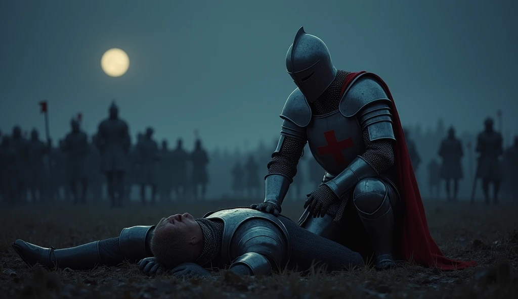 A highly realistic, high-contrast, 8K HD, detailed, hyper-detailed scene where the knight from the provided image, wearing steel armor with a red cross on his tunic, is kneeling beside a fallen comrade on the battlefield at night. The atmosphere is somber and heavy with the weight of loss, as the knight shows respect and sorrow for his fallen companion. The battlefield around them is dimly lit by the faint light of the moon and stars, with the chaotic aftermath of battle still visible in the background. The dramatic lighting highlights the detailed armor and the raw emotion of the moment, emphasizing the deep bond and sacrifice of these warriors. The image is of the highest quality, with ultra-high resolution, RAW photo quality, and Unreal Engine rendering, capturing the profound and solemn moment under the night sky.
