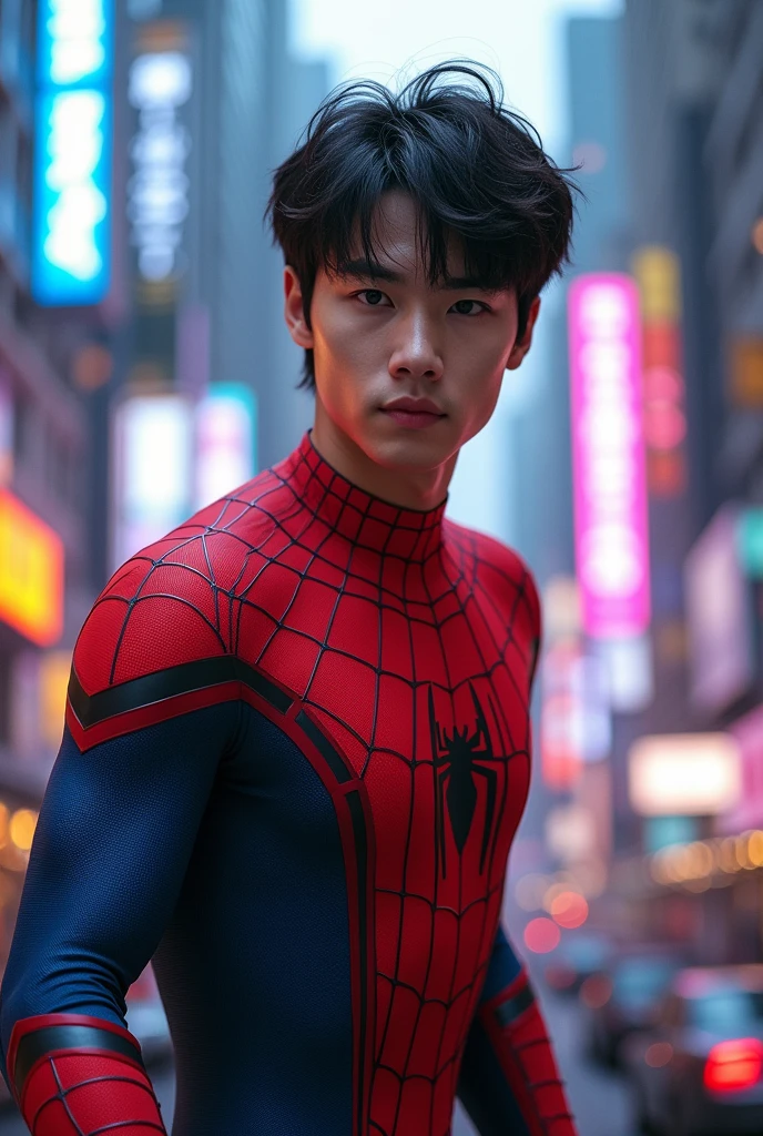 Jung Wooyoung from Ateez as Spiderman but without mask 
