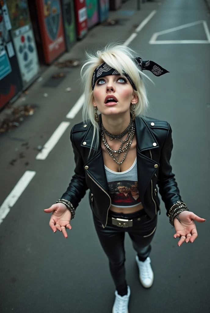 russian milf woman, platinum blonde hair with black parsley bandana headband, with very light blue eyes, extremely pale, heavy eye shadows. Sad face, smeared make up, runny mascara. Wearing black moto jacket, cropped metal band t-shirt, leather skinny jeans and wiite tennis sneakers  . Lots of metallic braceles and collars. Tacky leather belt with oversized buckle. Hands up. Looks up because she thinks God speaks to her. Open eyes and mouth