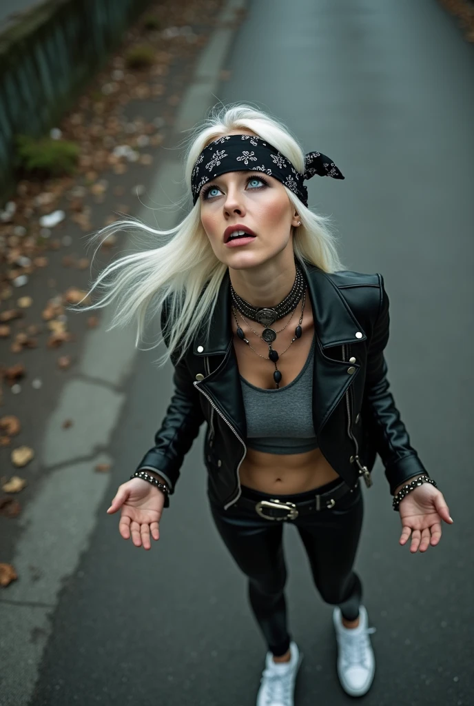 russian milf woman, platinum blonde hair with black parsley bandana headband, with very light blue eyes, extremely pale, heavy eye shadows. Sad face, smeared make up, runny mascara. Wearing black moto jacket, cropped metal band t-shirt, leather skinny jeans and wiite tennis sneakers  . Lots of metallic braceles and collars. Tacky leather belt with oversized buckle. Hands up. Looks up because she thinks God speaks to her. Open eyes and mouth