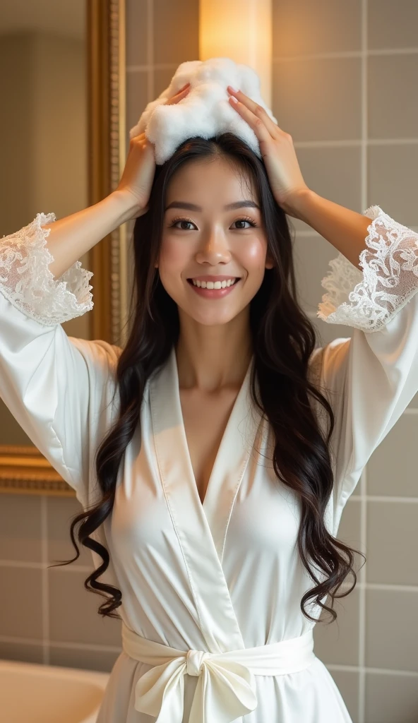 Create an Asian middle-aged long-haired beauty,Beautiful beautiful big eyes,Regular facial features,Normal limbs,Cute big breasts and buttocks,Wearing a white fitted lace satin robe,Washing hair with both hands above the head,There is a lot of foam on the head,The hair is covered with white foam,The expression is happy,The characters are realistic and realistic,Warm bathroom background,Character front position,9:16 frames,Ultra-high-definition picture quality