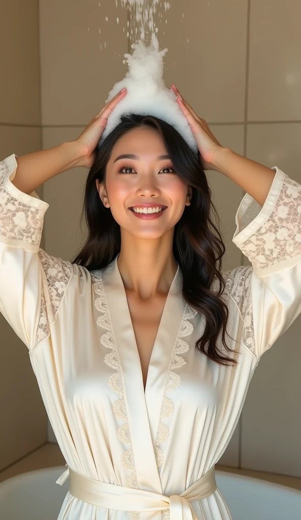 Create an Asian middle-aged long-haired beauty,Beautiful beautiful big eyes,Regular facial features,Normal limbs,Cute big breasts and buttocks,Wearing a white fitted lace satin robe,Washing hair with both hands above the head,There is a lot of foam on the head,The hair is covered with white foam,The expression is happy,The characters are realistic and realistic,Warm bathroom background,Character front position,9:16 frames,Ultra-high-definition picture quality