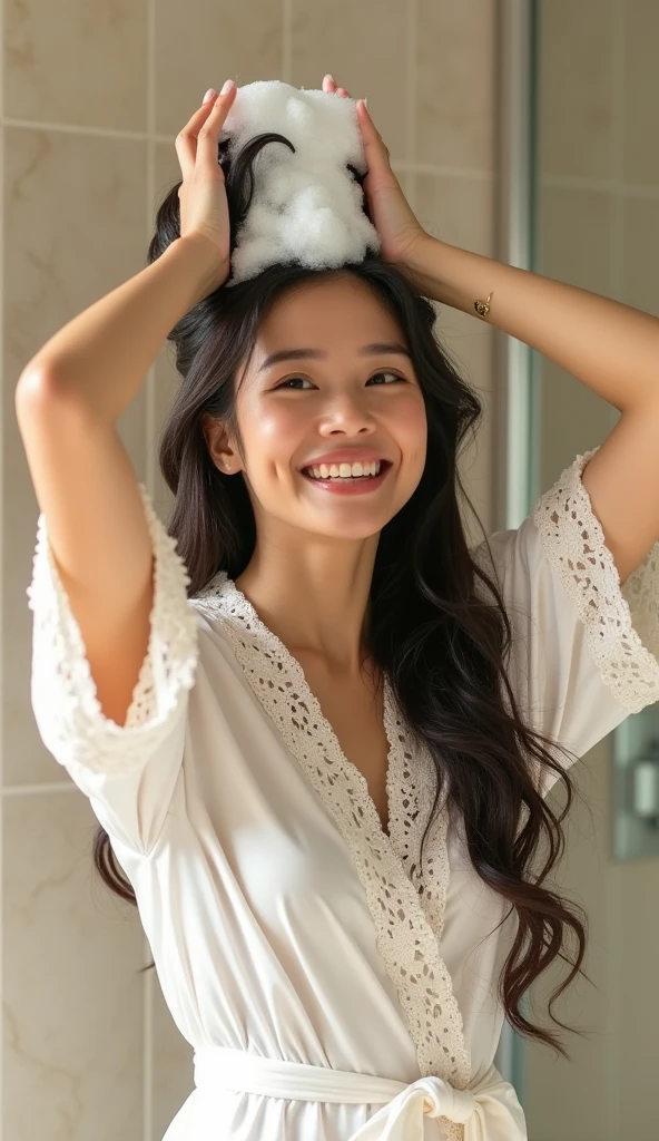 Create an Asian middle-aged long-haired beauty,Beautiful beautiful big eyes,Regular facial features,Normal limbs,Cute big breasts and buttocks,Wearing a white fitted lace satin robe,Washing hair with both hands above the head,There is a lot of foam on the head,The hair is covered with white foam,The expression is happy,The characters are realistic and realistic,Warm bathroom background,Character front position,9:16 frames,Ultra-high-definition picture quality