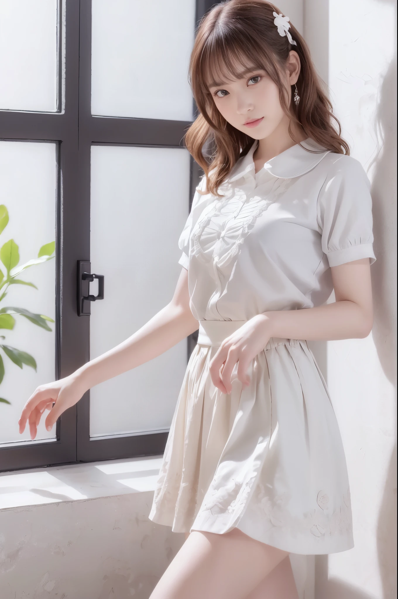 (indoor), (Window), (masterpiece), (最high quality), (Very detailedな), (Best Shadow), (photoRealistic:1.4), Knit shirt, skirt, white ankle socks, high quality, masterpiece, Very detailedな, High resolution, 4K, 超High resolution, Detailed Shadows, Ultra-realistic, Dramatic lighting, one person&#39;s, alone, Detailed face, Realistic eyes, Realistic Skin, Dynamic Hair, Dynamic pose, Dynamic Angle, White floral dress, White Background, Urzan-6500-v1.1, (RAW Photos:1.2), ( Realistic:1.4), Beautiful detailed, Very detailed eyes and face, Beautiful attention to detail, Ridiculous, incredibly Ridiculous, Large file size, Very detailedな, High resolution, Very detailed, 最high quality, (Bright interior), (Soft Light), (Low contrast), (Shallow depth of field), (portrait of a beautiful woman illuminated by gentle light), (Very delicate and elegant depiction), (Short bangs), (Hair color is dark chestnut with a slight brown tinge), (Hair with subtle and gentle waves), (Decorated with thin ribbons), Knit shirt, (青いロングskirt), (White short ankle socks), shape, Very detailed, CG, Unified, 8k wallpaper, wonderful, Finer details, 最high quality, Very detailed CG Unified 8k wallpaper, Face Light, Cinema Lighting,