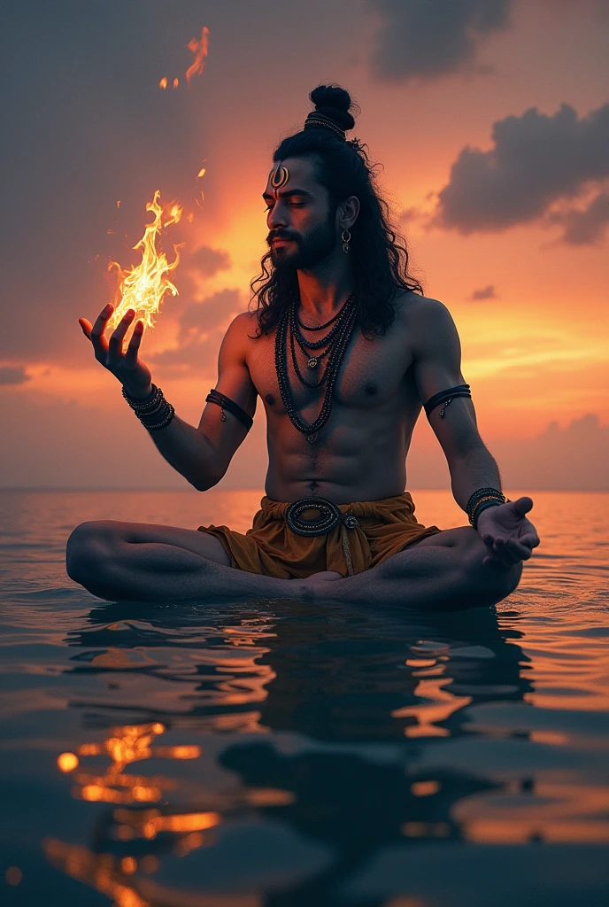 a man sitting in the middle of a body of water with a fire in her hand, shiva, lord shiva, god shiva the destroyer, hinduism, hindu gods, neck around snake , devainart, by Max Dauthendey, shakti, beautiful depiction, goddess art, inspired by Kailash Chandra Meher, hindu art, hindu god, nirvana, vish ,devi Parvati and bhagavan shiv shankar (hindu)
,dark maditation