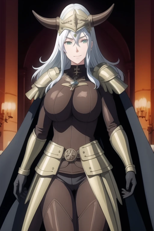 (high quality:1.2), intricate detailed, colorful,
VanessaCromwell, 1girl, mature female, solo, cowboy shot,
looking at viewer, determined,
white hair, long hair, green eyes, smile 
armor, breastplate, shoulder armor, sexy pose, bodysuit, horned helmet, gloves, cape, big cape (arms under her cape 1.2)
large breasts, 
Room, standing 
 