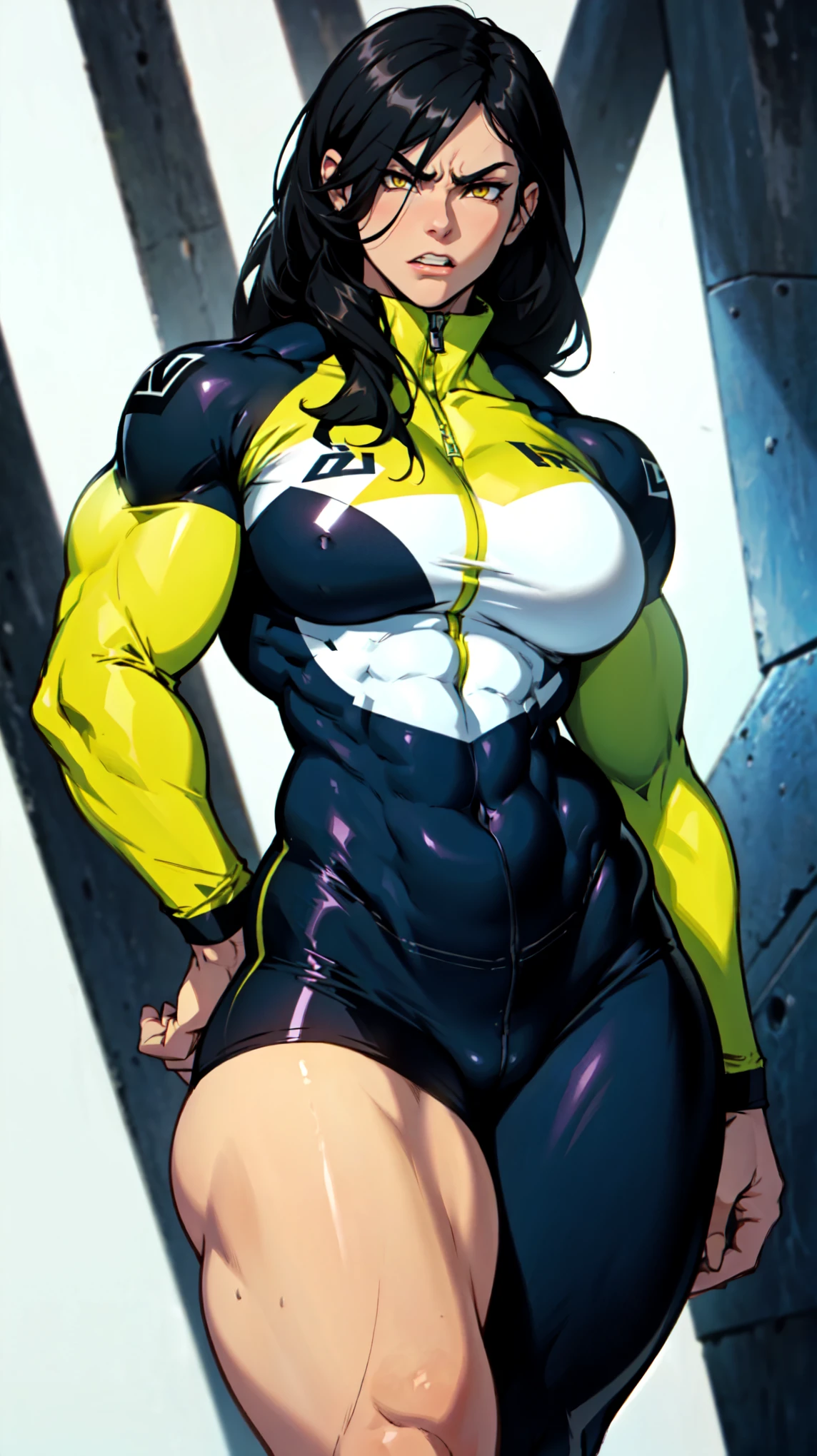 grey background skintight suit 1girl black hair yellow eyes very long hair pale skin angry (bodybuilder huge breasts muscular toned body curvy wide hips thick thighs)