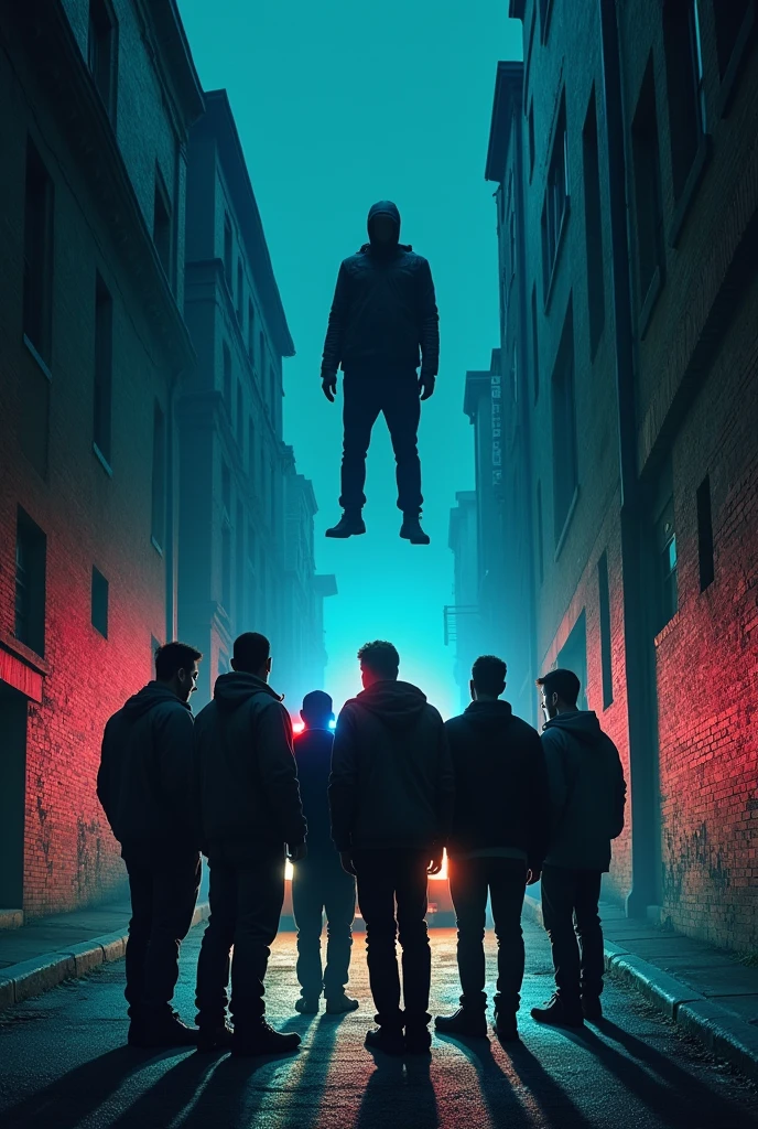 The cover of a book.
At the bottom 7 men around 27 years old and in the background the lights of a police patrol and at the top a corpse.