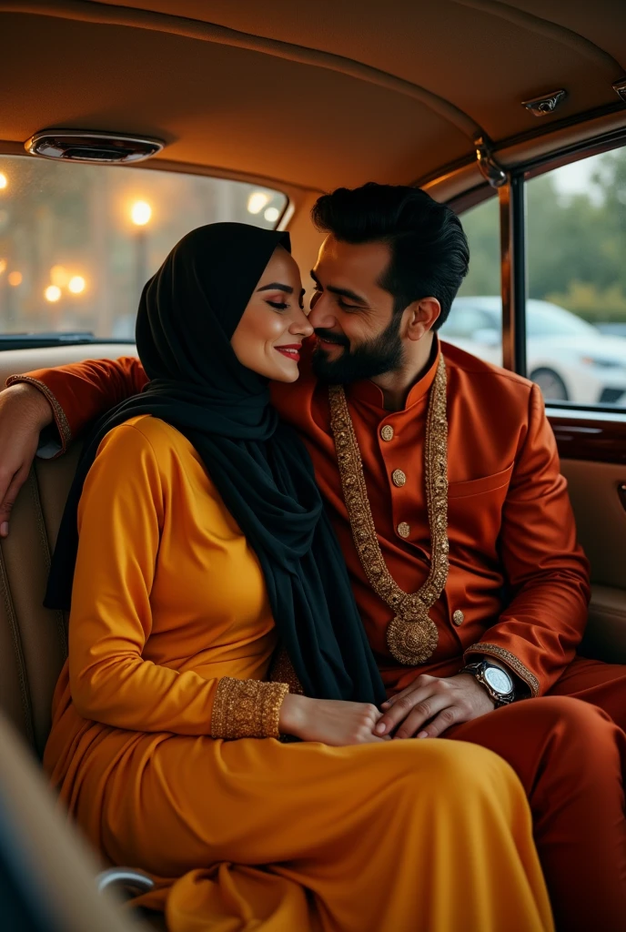 Beautiful women wearing black hijab saffron dress, muscular Hindu pandit kissing, in car