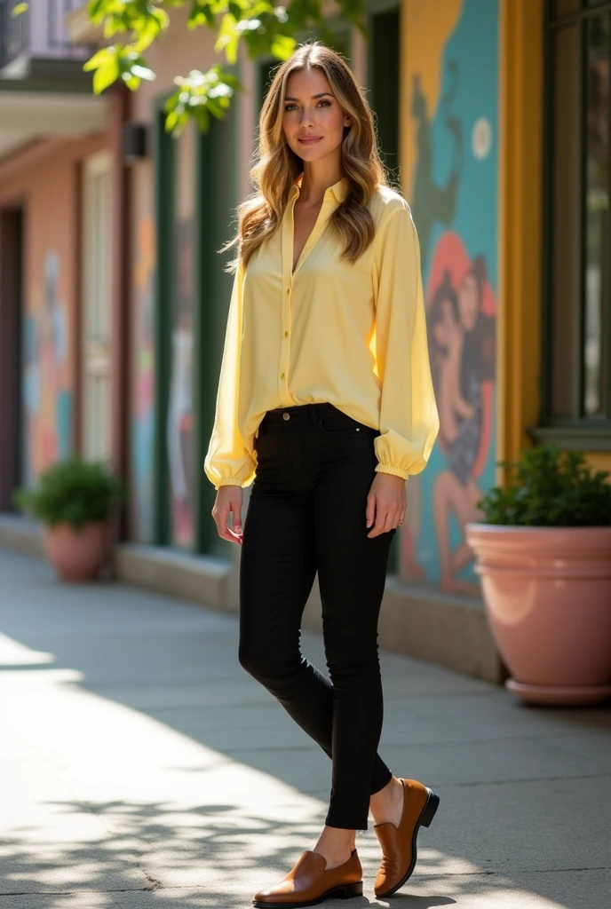 Woman with pastel yellow blouse, beautiful marmalade and black pants brown shoes
