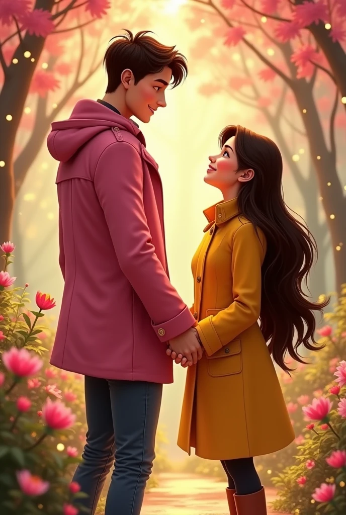Make a Disney character style couple where the guy is tall, white, and has dark brown hair., brown eyes and wears a pink coat and the girl is short, white, long, dark brown hair and her eyes are brown, she is holding hands with the boy and wears a yellow coat 