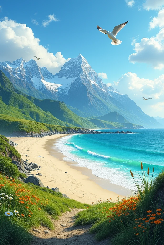 nature with mountains in the background and a beach around