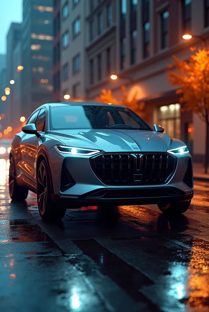Create a family car with a sporty and SUV footprint with a comfortable technological appearance