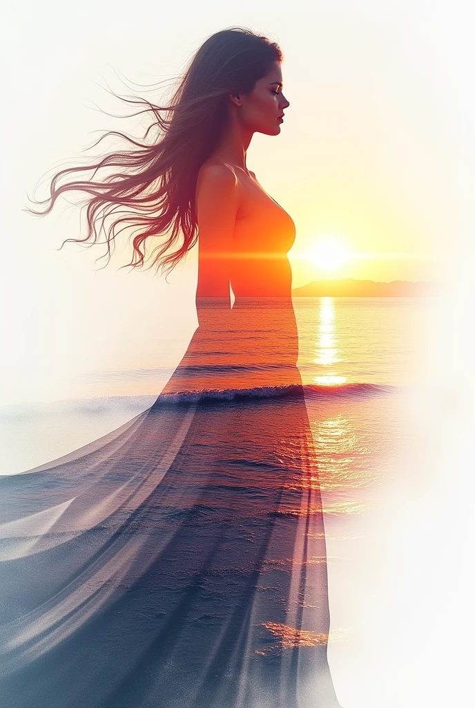 high quality, 8K Ultra HD, A beautiful double exposure that combines an goddess silhouette with sunset coast, sunset coast should serve as the underlying backdrop, with its details incorporated into the goddess , crisp lines, The background is monochrome, sharp focus, double exposure, by yukisakura, awesome full color,