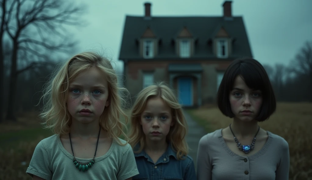 Dark image of a  blonde WITH A GREEN NECKLACE, A blonde with freckles and WITH A BLUE NECKLACE AND a 22 year old woman, short dark hair, very beautiful wearing a purple ring. Everyone is facing an old abandoned house, and their expressions are of fear