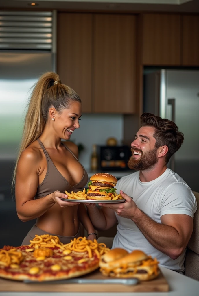 A stunning female athlete with the physique of a Greek goddess, her golden hair tied back in a sleek ponytail, standing proudly in a modern kitchen adorned with gleaming appliances and marble countertops. Her sculpted arms flex as she holds a tray of greasy, mouthwatering fast food - a visual feast of burgers, pizzas, and fries. Her piercing blue eyes sparkle with playful mischief as she looks down at her boyfriend, a sad man who tips the scales at an impressive 200 kg, sprawled out on a nearby couch. He's clad in a loose-fitting t-shirt that strains against his frame, with a smear of ketchup on his cheek, and a look of utter bliss as he reaches for another bite. His belly laughs rumble as she playfully shoves a double-decker burger into his mouth, her toned, chiseled abs contrasting sharply with his softness. The scene is bathed in warm, inviting light, and the atmosphere is one of love and indulgence, with a hint of playful dominance in her actions. Despite their stark physical differences, the bond between them is palpable, a testament to the beauty of embracing imperfections and reveling in the joy of food and companionship