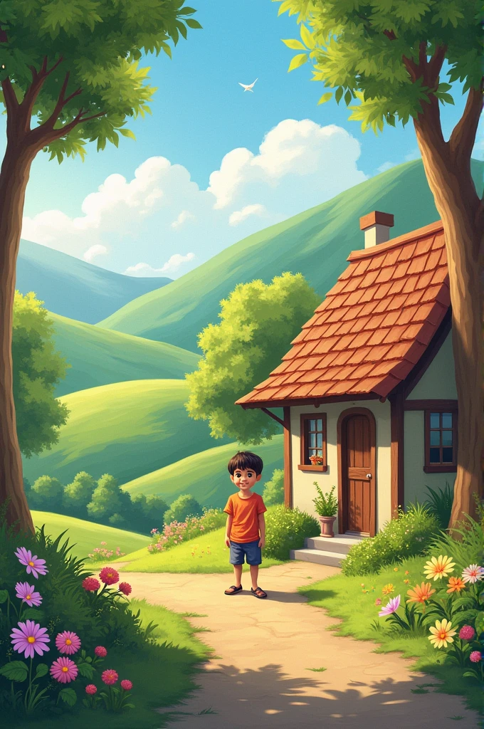 Here are the image prompts for every sentence of the story
   - Prompt: A small, peaceful village with a young boy named Raja, around 6 , with a cheerful and kind expression, standing near a small house with trees and greenery around.