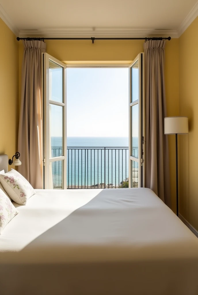 The spacious bedroom, with its light yellow walls, features a bed draped in a crisp white bedsheet and a pillow with delicate floral prints. An open glass window, framed by light brown curtains, offers a view of a distant ocean visible from the balcony, which is adorned with a sleek black rod railing. The tranquil scene and soft color palette create a serene and inviting ambiance.