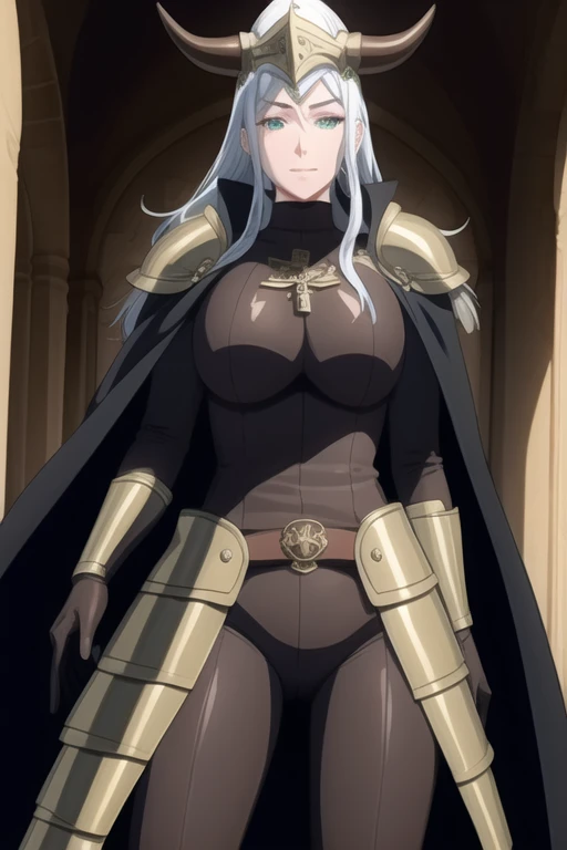 (high quality:1.2), intricate detailed, colorful,
VanessaCromwell, 1girl, mature female, solo, cowboy shot,
looking at viewer, determined,
white hair, long hair, green eyes, smile 
armor, breastplate, shoulder armor, sexy pose, bodysuit, horned helmet, gloves, cape, cloak, cape warped around, cape pose (arms under her cape 1.2)
large breasts, 
Room, standing 
 