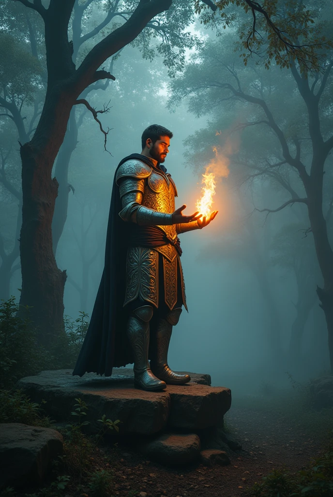 Ancient forest at twilight with a dense mist covering the ground. The camera slowly zooms in on an ancient hero standing on a stone platform. The hero is dressed in ornate, golden and silver armor, holding a small, vibrant flame in his hand. The mist and soft light create an ethereal ambiance. The flame casts a warm, golden glow, illuminating an area of approximately 30 cm around the hero.
