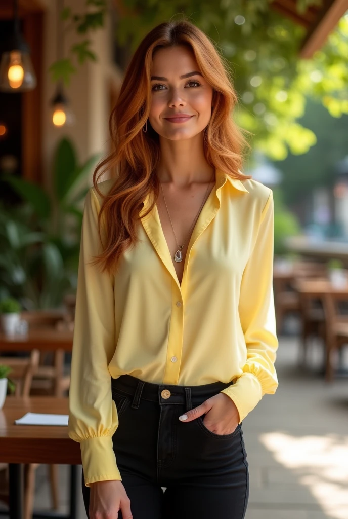 Woman with pastel yellow blouse, beautiful for marmalade colored hair and black pants brown shoes