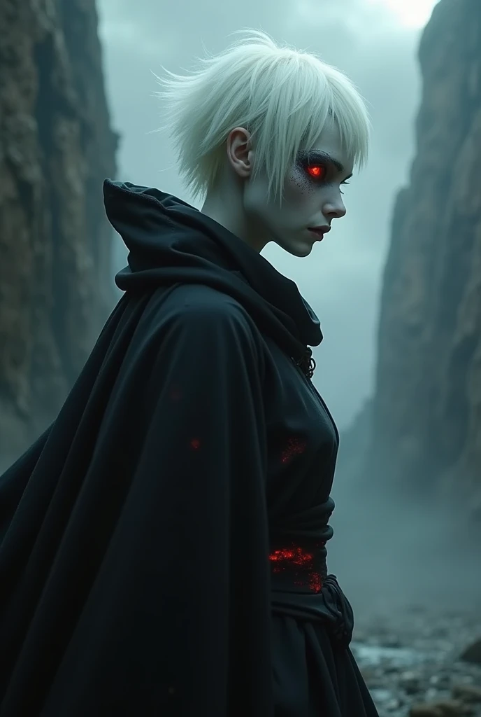 Profile of an albino demon, pale translucent skin, short platinum white hair, blood red eyes with black sclera, black clothes on him