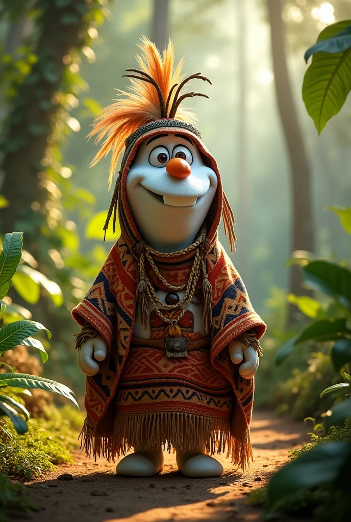 Olaf from the movie Frozen dressed as an Awajun native man from Peru