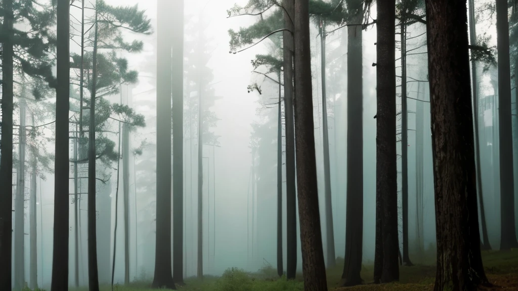 tall pine trees in a forest with a foggy sky, a stock photo by Robert J. Brawley, flickr, renaissance, pine forest, florida, pine forests, sparse pine forest, swamp forest, lush evergreen forest, in serene forest setting, evergreen forest, serene forest setting, lush forest landscape, tropical forest, lush forest in background, dark pine trees