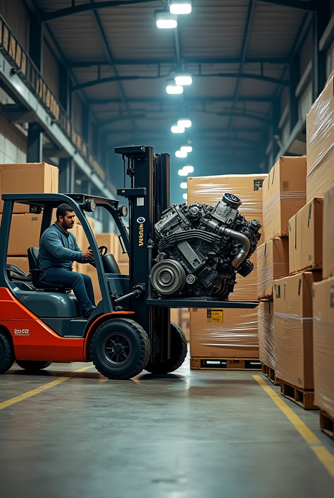 A bmw car engine wrapped with cartons loaded onto a truck by a forklift