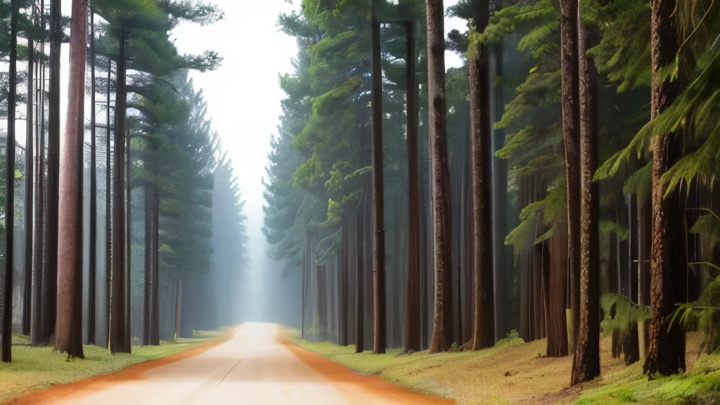 tall pine trees in a forest with a foggy sky, a stock photo by Robert J. Brawley, flickr, renaissance, pine forest, florida, pine forests, sparse pine forest, swamp forest, lush evergreen forest, in serene forest setting, evergreen forest, serene forest setting, lush forest landscape, tropical forest, lush forest in background, dark pine trees
