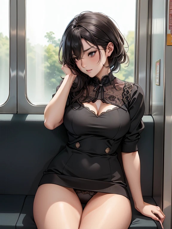 ((Highest quality,High resolution,Very detailed)), (Sharp details, Depth of written boundary), real photo style, Mature women, ((Sitting with good posture, back straight)), Sitting on a long seat in a train, Sitting on a sheet in a commemorative photo pose, ((A chair sitting under the thighs)), Composition seen from the seat opposite, Inside a commuter train, The back of the woman's head is against the window glass., Slightly low-angle shot, Summer knit dress with a chest cutout, Detailed and refined facial features, Confused expression, Black Hair, Japanese women, dark brown eyes, Double eyelids, sexy panties made of lace material