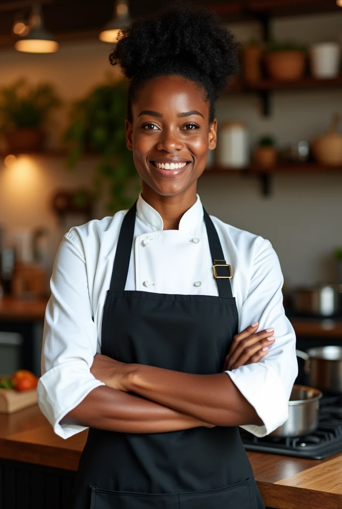 brown woman, blackquality hair, in chef's clothing, nice rosto, brown dark eyes
