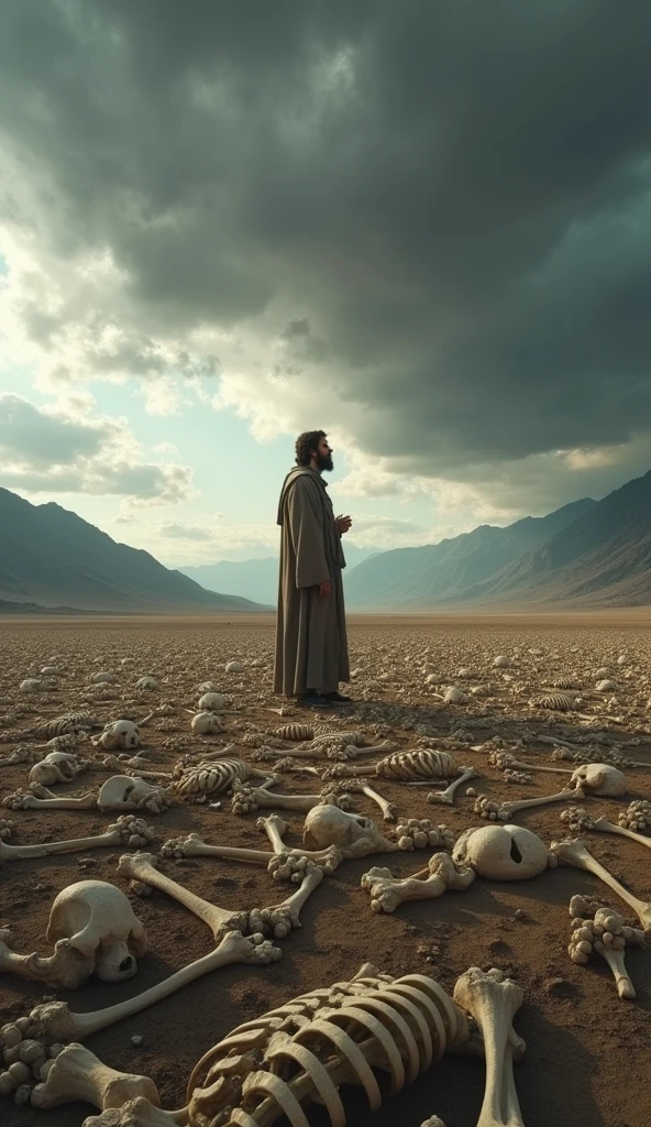 "A scene inspired by the biblical vision of the valley of dry bones described in Ezekiel 37. The valley is vast and arid, covered with a large number of dry human bones, scattered across the floor in disarray. The sky is cloudy, with shades of gray and deep blue, reflecting the dark and desolate atmosphere. Light is diffuse and soft, casting long shadows over the bones and creating a dramatic effect. In the center of the scene, a prophet is standing, perhaps with a countenance of vision and prayer, as described in the Bible. Ao fundo, a remote horizon with mountains or dry hills may be visible. The image should convey a feeling of desolation, but also of hope and promise of restoration, capturing the moment God promises to resurrect the bones and bring life to the valley, according to Ezekiel&#39;s prophecy."