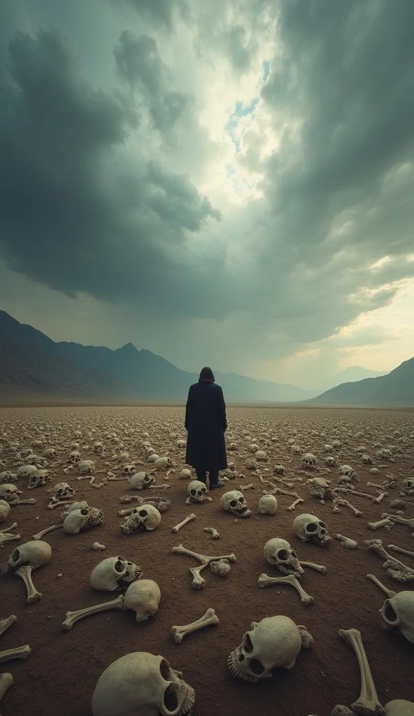 "A scene inspired by the biblical vision of the valley of dry bones described in Ezekiel 37. The valley is vast and arid, covered with a large number of dry human bones, scattered across the floor in disarray. The sky is cloudy, with shades of gray and deep blue, reflecting the dark and desolate atmosphere. Light is diffuse and soft, casting long shadows over the bones and creating a dramatic effect. In the center of the scene, a prophet is standing, perhaps with a countenance of vision and prayer, as described in the Bible. Ao fundo, a remote horizon with mountains or dry hills may be visible. The image should convey a feeling of desolation, but also of hope and promise of restoration, capturing the moment God promises to resurrect the bones and bring life to the valley, according to Ezekiel's prophecy."