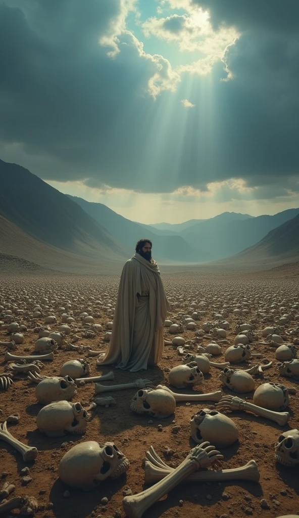 "A scene inspired by the biblical vision of the valley of dry bones described in Ezekiel 37. The valley is vast and arid, covered with a large number of dry human bones, scattered across the floor in disarray. The sky is cloudy, with shades of gray and deep blue, reflecting the dark and desolate atmosphere. Light is diffuse and soft, casting long shadows over the bones and creating a dramatic effect. In the center of the scene, a prophet is standing, perhaps with a countenance of vision and prayer, as described in the Bible. Ao fundo, a remote horizon with mountains or dry hills may be visible. The image should convey a feeling of desolation, but also of hope and promise of restoration, capturing the moment God promises to resurrect the bones and bring life to the valley, according to Ezekiel&#39;s prophecy."