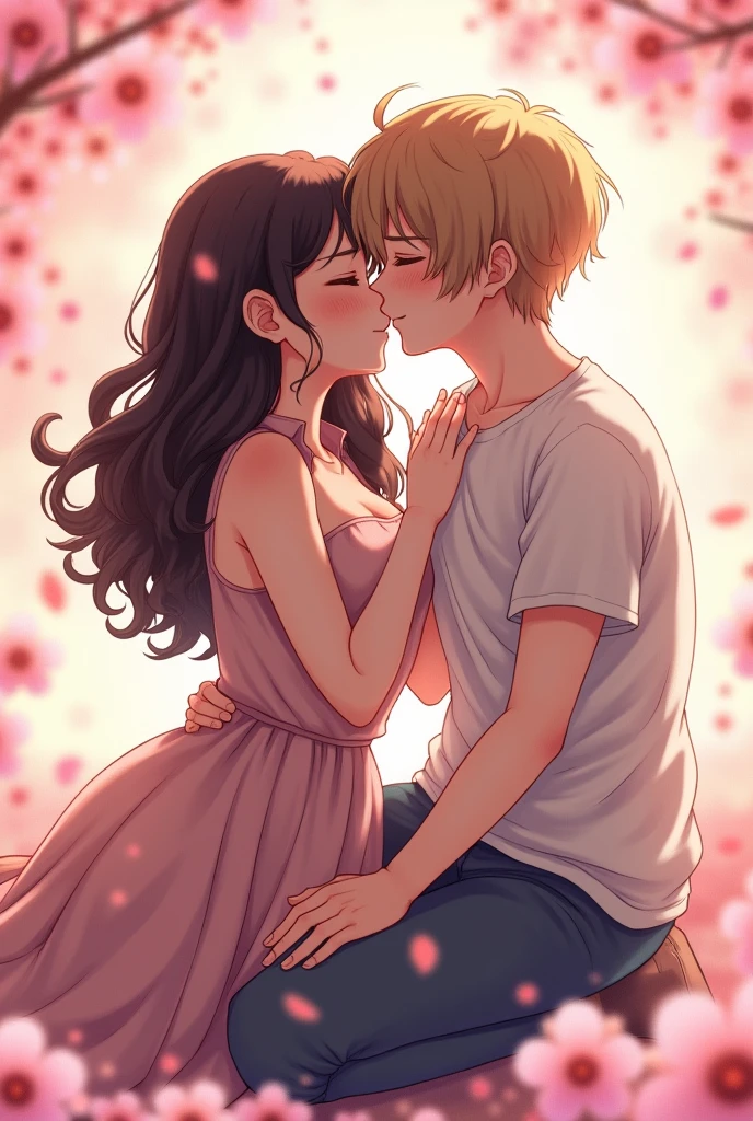 Draw a dark brown wavy haired pale curvy girl sitting on the lap of a boy with light brown straight hair who is also pale skinned kissing anime artstyle
